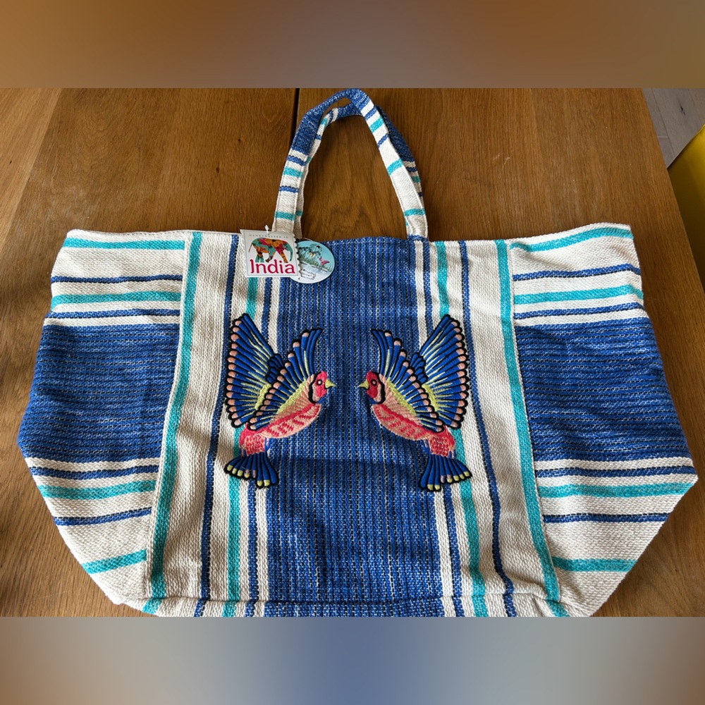 Aphorism Blue & Cream Striped Embroidered Bird Tote Bag 100 percent cotton. NWT